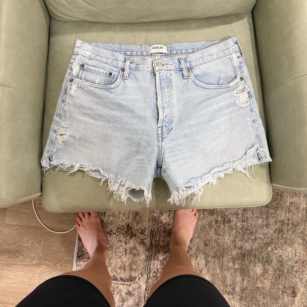 Agolde Frayed Hem Light Blue Jean Shorts